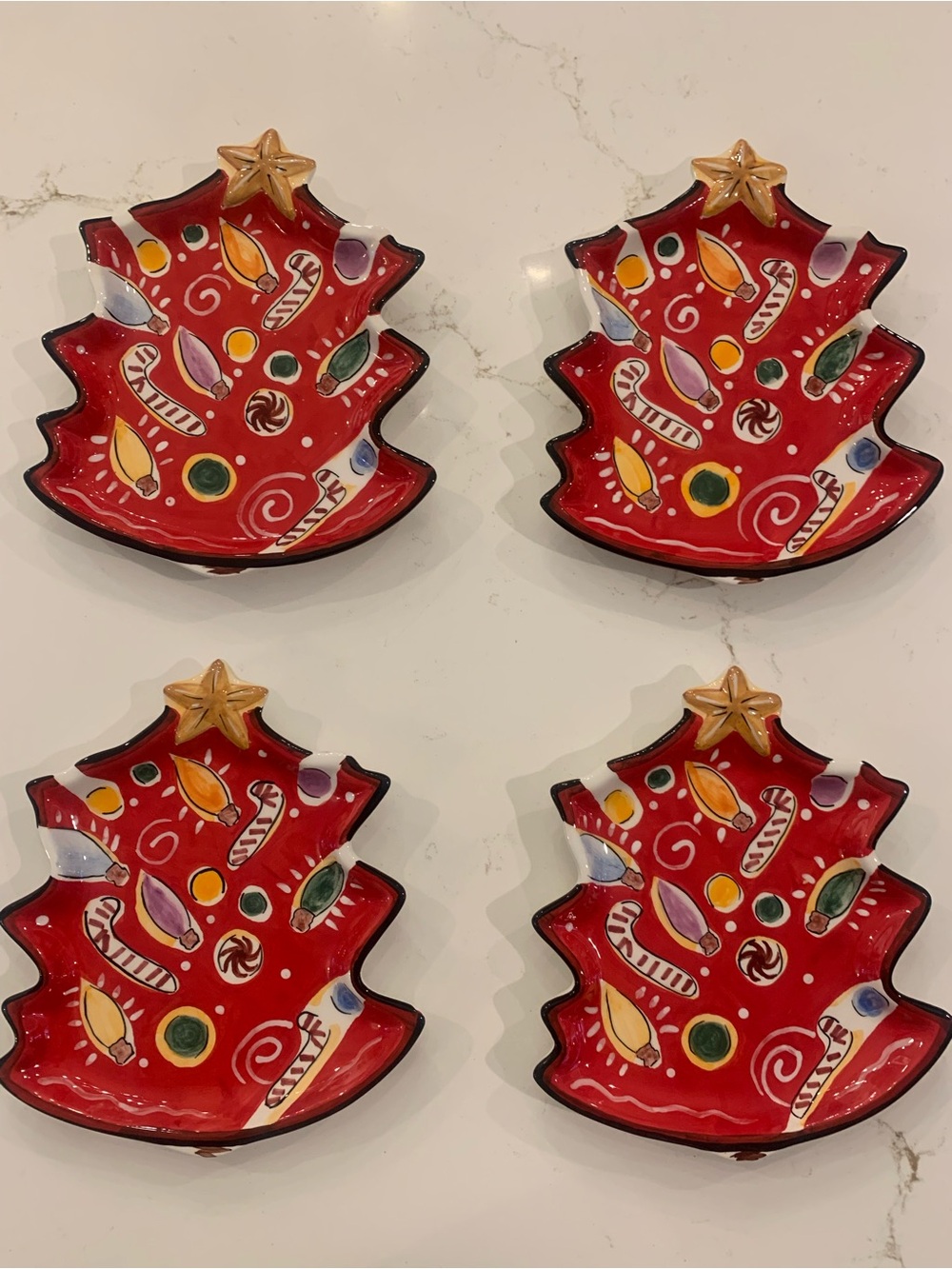 Retro 2004 Christmas Tree Plates Mini Canapé Dishes Clay Art Set of (4) NEW.